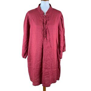 Mini Bee Red Linen Tunic Dress XL Button Front Boho Relaxed Fit Cottagecore